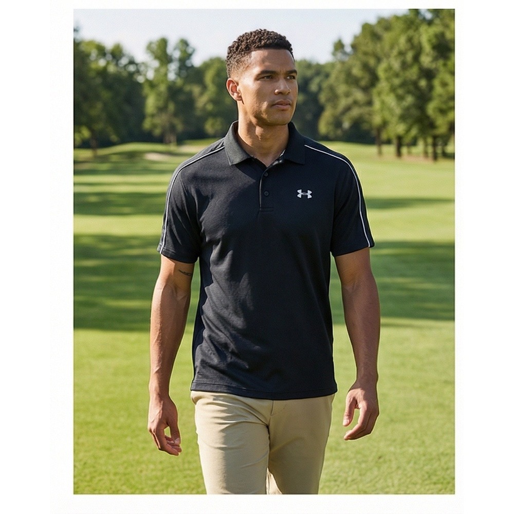 Under Armour Mens L HeatGear Golf Polo Shirt Black White Piping Large